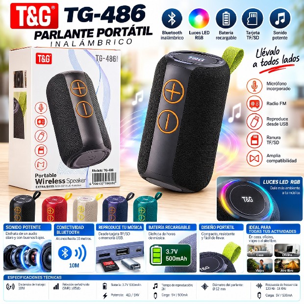 &ua PARLANTE BT BLUETOOTH TG-486 MP3 / BT / FM / AUX