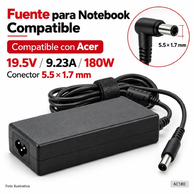 &ua FUENTE NOTEBOOK ACER 19.5V/9.23A/180W 5.5*1.7MM (AC180)