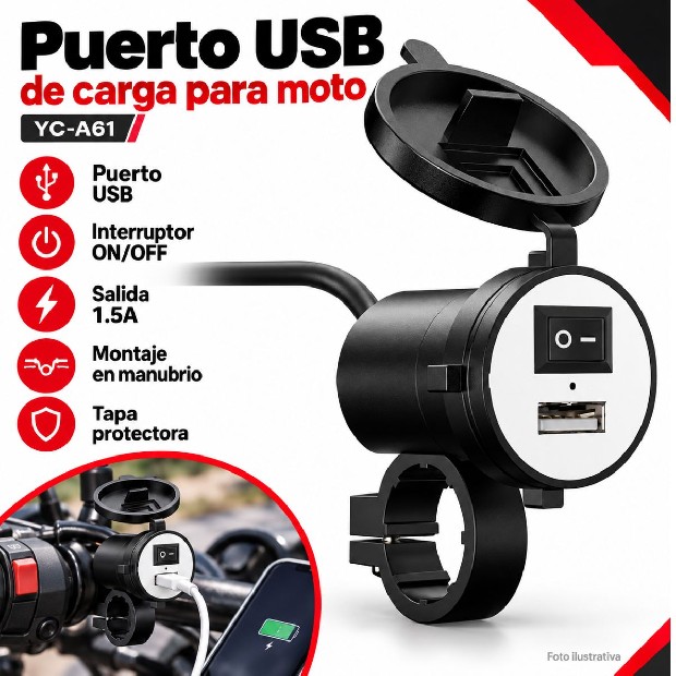 &ua PUERTO USB DE CARGA PARA MOTO CON INTERRUPTOR 1.5A YC-A61