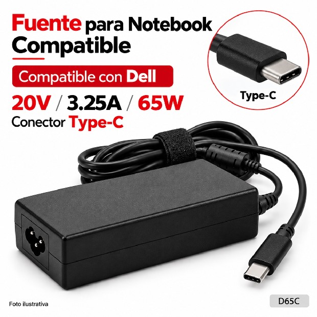 &ua FUENTE NOTEBOOK DELL 20V/3.25A/65W TYPE-C (D65C)