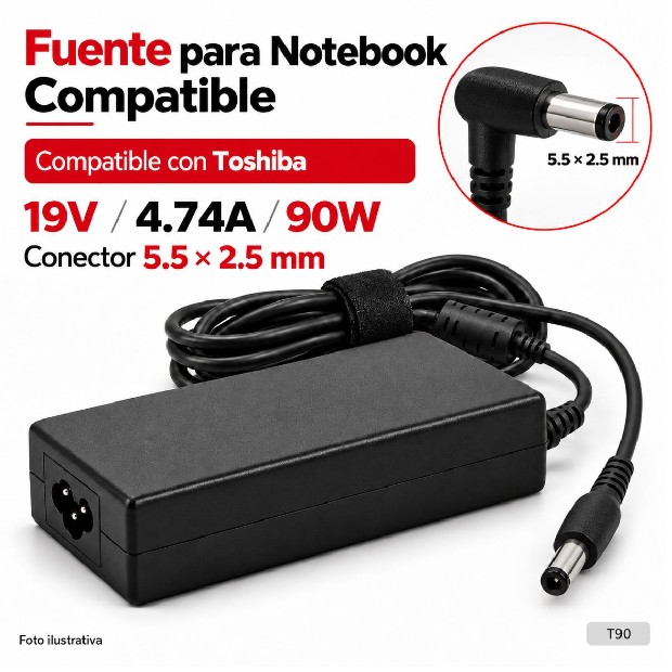 &ua FUENTE NOTEBOOK TOSHIBA 19V/4.74A/90W 5.5*2.5MM (T90)