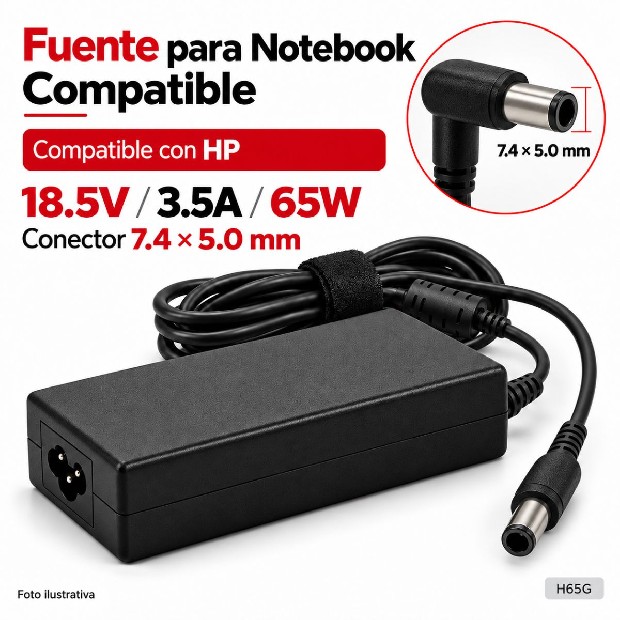 &ua FUENTE NOTEBOOK HP GRUESO 18.5V/3.5A/65W 7.4*5.0MM (H65G)