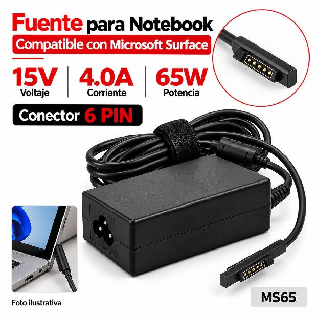 &ua FUENTE NOTEBOOK MICROSOFT SURFACE 15V/4.0A/65W 6 PIN (MS65)