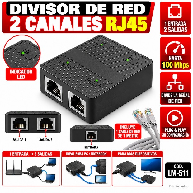 &ua DIVISOR 1 A 2 VIAS RJ45 CABLE DE RED ADAPTADOR DOBLE LM-511