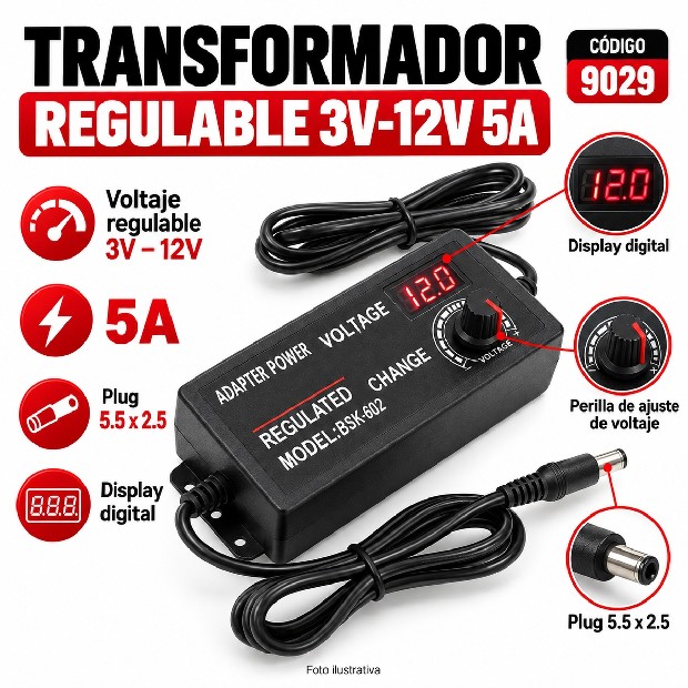 &ua TRANSFORMADOR REGULABLE 3V-12V 5A PLUG 5.5X2.5 DISPLAY (9029)