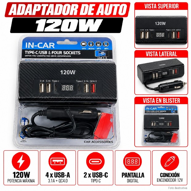 &ua ADAPTADOR AUTO 12V + PD + 4 USB 120W NO,1657 (775)