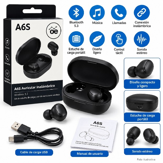&ua AURICULAR BT BLUETOOTH INALAMBRICOS A6S (BLT014) 