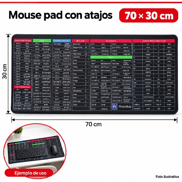 &ua MOUSE PAD GRANDE ANTIDESLIZANTE (70x30CM) ATAJOS