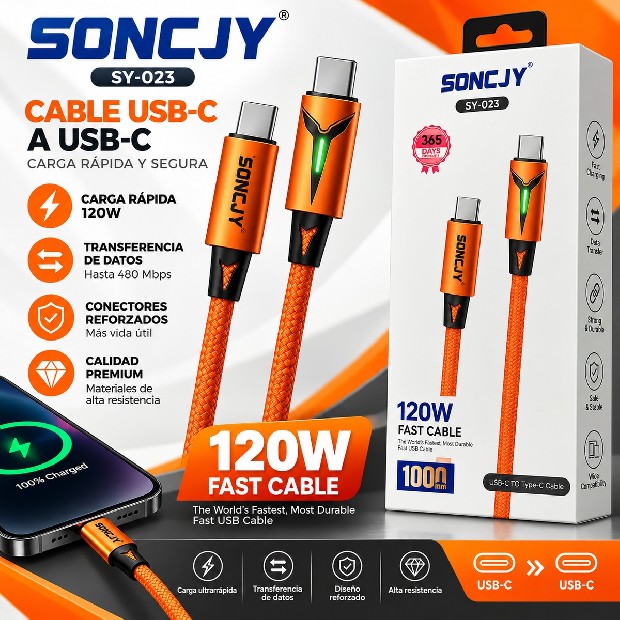 &ua CABLE CARGADOR TIPO C A C SONCJY 120W